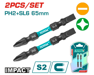 PUNTAS BIT DE ATORNILLADOR DE IMPACTO PH2+SL6 65MM (2 PZS) - TOTAL