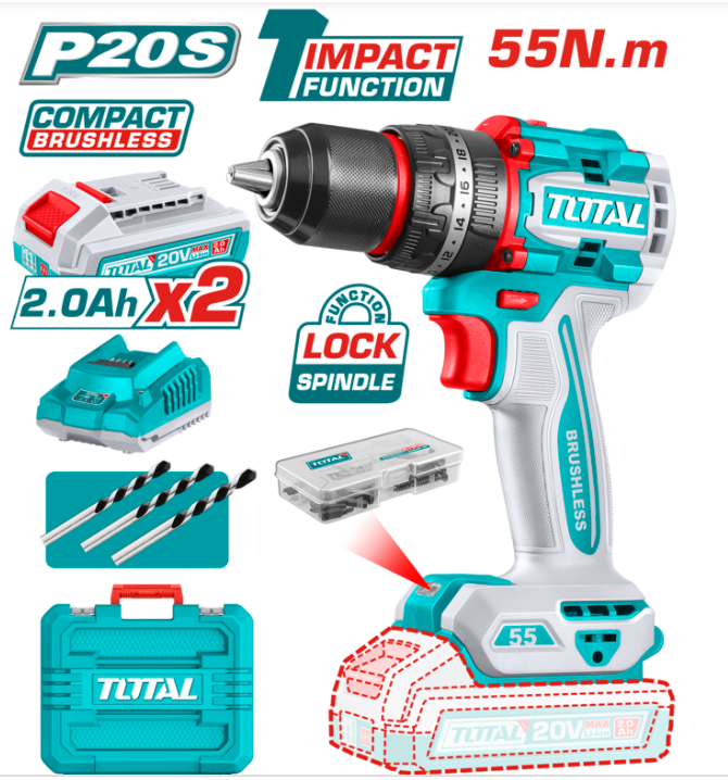 TALADRO PERCUTOR A BATERIA 20V 55NM (COMPACTO) BL - 2BAT/CAR - TIDLI20558 - TOTAL