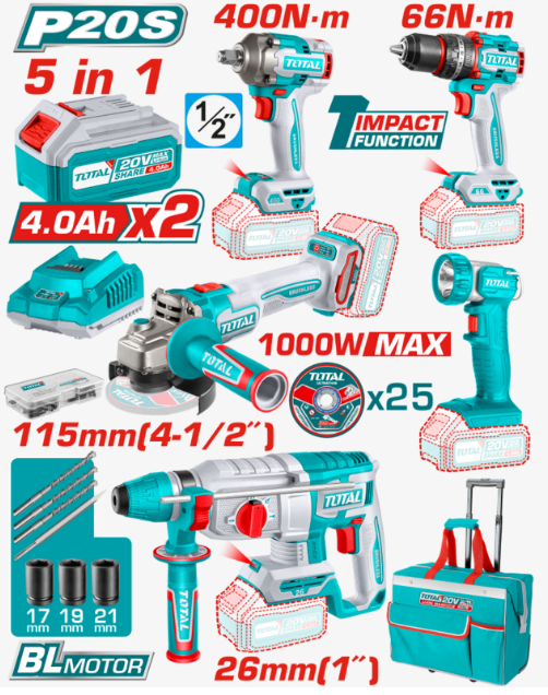KIT JUEGO INDUSTRIAL DE HERRAMIENTAS A BATERIA 20V BL - TCKLI20592 TOTAL 6932584800216