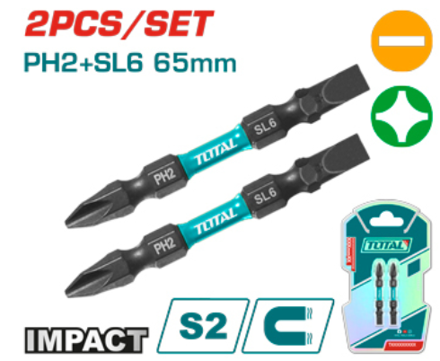 PUNTAS BIT DE ATORNILLADOR DE IMPACTO PH2+SL6 65MM (2 PZS) - TOTAL TACIM72HL665 6942210228611