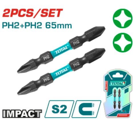 PUNTAS BIT DE ATORNILLADOR DE IMPACTO PH2+PH2 65MM (2 PZS) - TOTAL TACIM72PH265