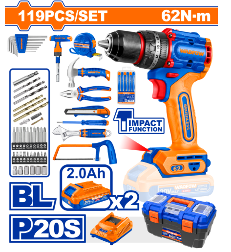 KIT TALADRO PERCUTOR A BATERIA 20V  (119 PZS) 2BAT COD.WDT4B119 - WADFOW
