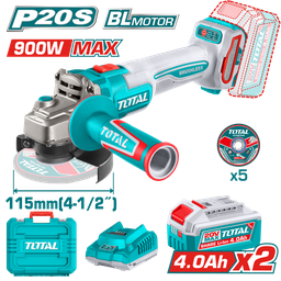 MOLADORA A BATERIA 20V 115MM (900W MAX) BL - 2BAT/CAR - TAGLI261522 - TOTAL